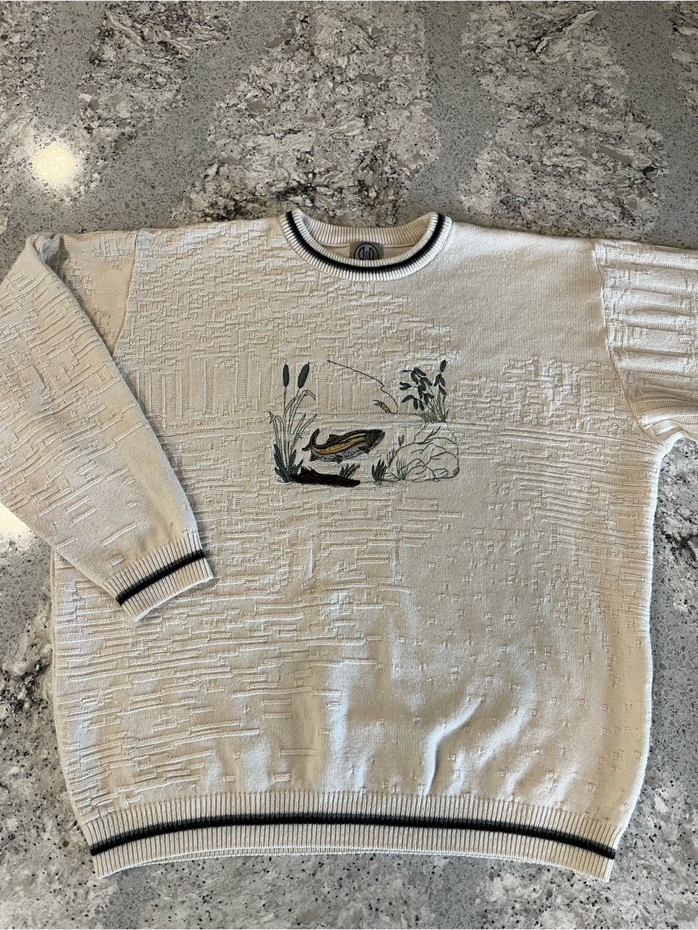 Men's Cream Vintage Knit Sweater with Fishing Nature Embroidery